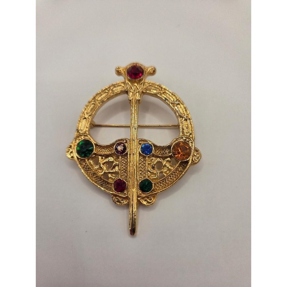 Celtic Sword & Shield Brooch Scottish Rhinestone Pin